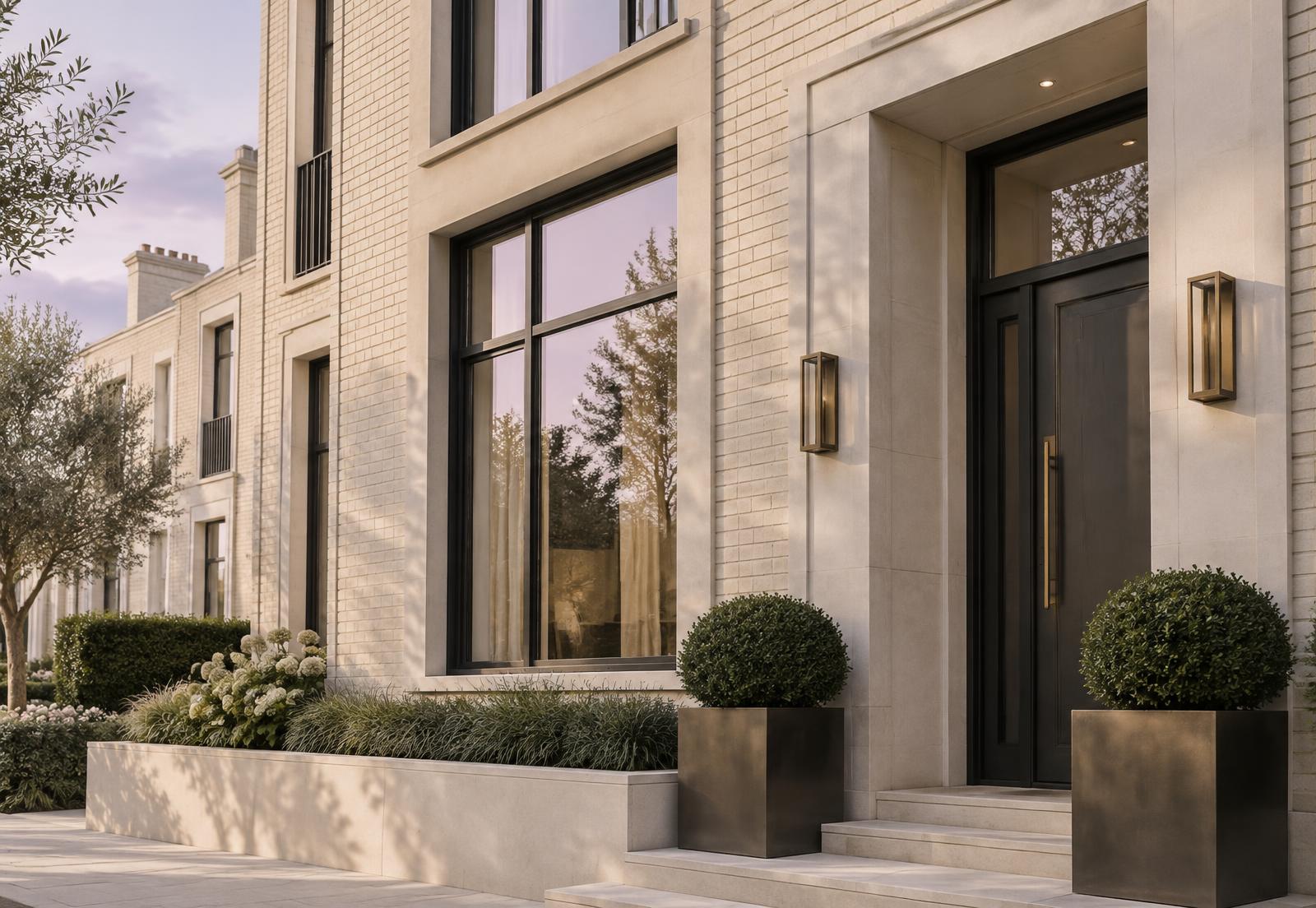 Contemporary UK townhouse facade in warm ivory brick with charcoal window frames and bronze planters, lit by soft natural light