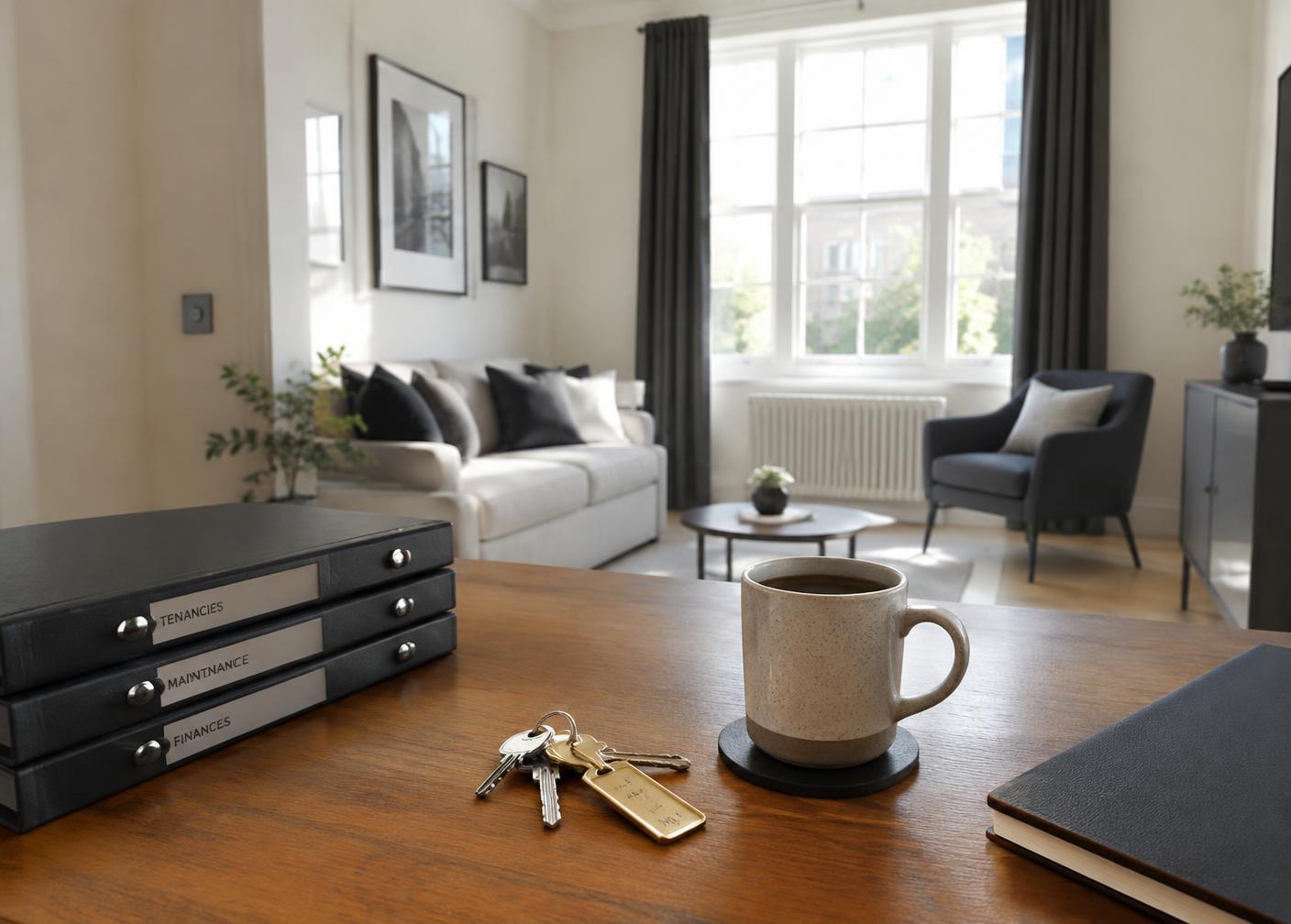 Landlord desk with labelled tenancy folders and keys in a bright rental flat