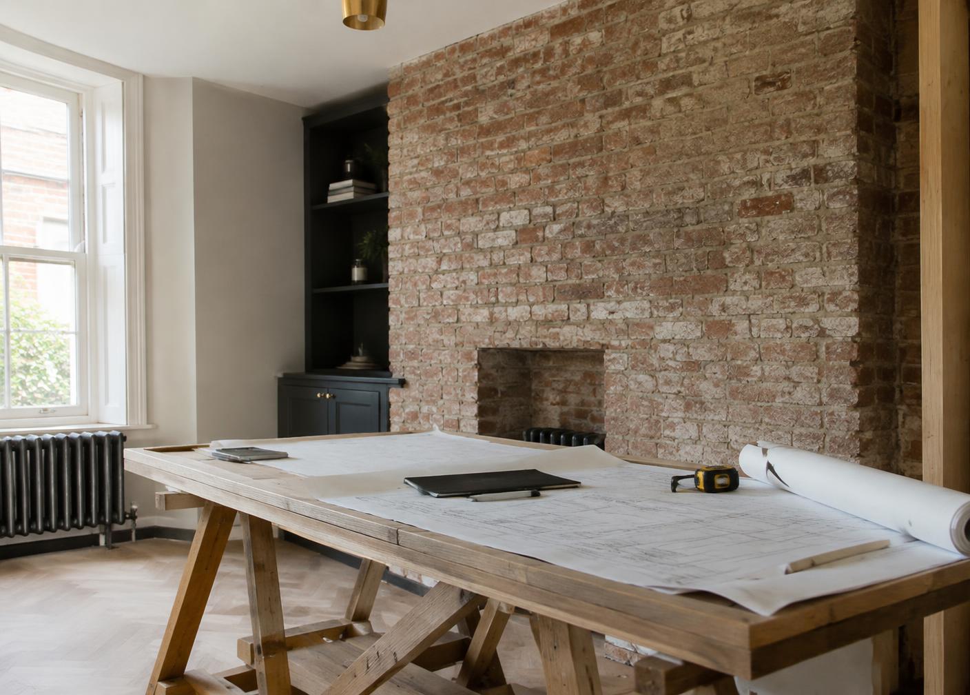 Victorian room mid-refurbishment with architectural drawings on a trestle table